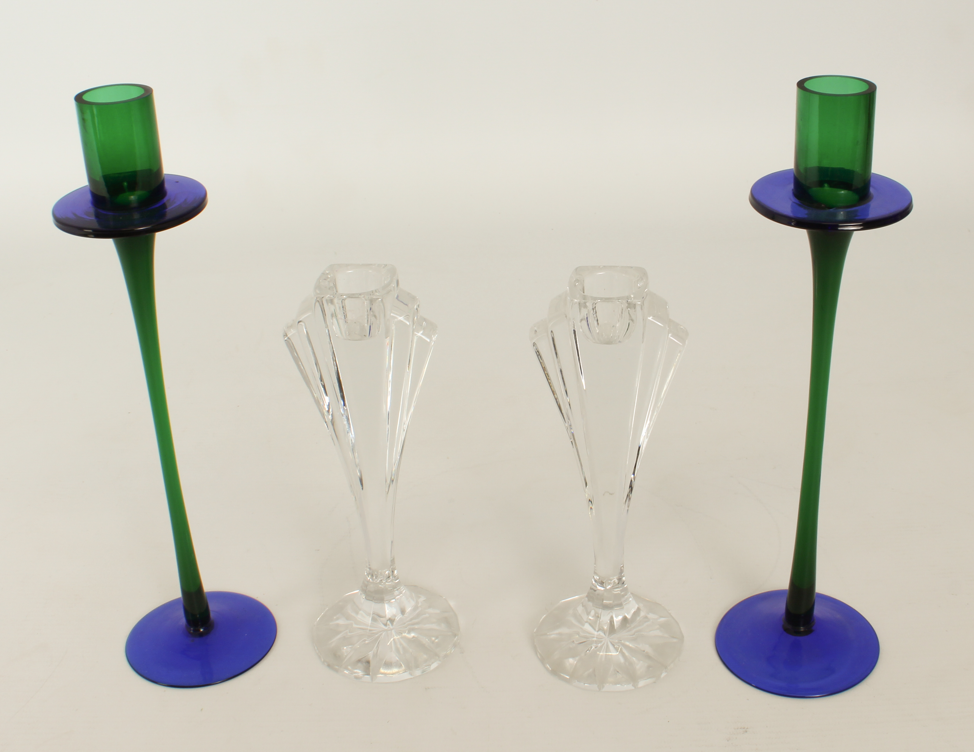 A pair of retro green and blue art glass candlesticks - 1980s, blown glass, with cylindrical nozzles