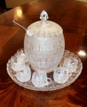 A fine quality Bohemian cut glass punch set - second half 20th century, the covered ovoid punch bowl