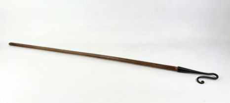 An antique wrought iron and pine shepherd's crook - with iron scrolled head and pine handle, 154