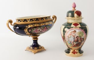 A porcelain and gilt-metal two-handled pedestal bowl in mid-19th century style - modern, oval,