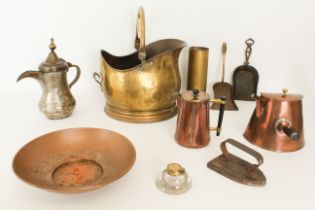 A small collection of copper and brass ware - including a Turkish tinned copper Dallah, 28 cm