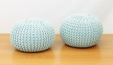 A pair of macrame-style pale-blue pouffes - 44 cm diameter, 30 cm high.