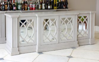 A French 19th century style breakfront bar - painted in light distressed grey, with four mirrored