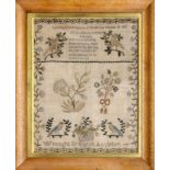 A George III silk sampler 'wrought by Sarah Appleton 1799' - the nine-line verse 'Learning is the