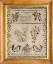 A George III silk sampler 'wrought by Sarah Appleton 1799' - the nine-line verse 'Learning is the