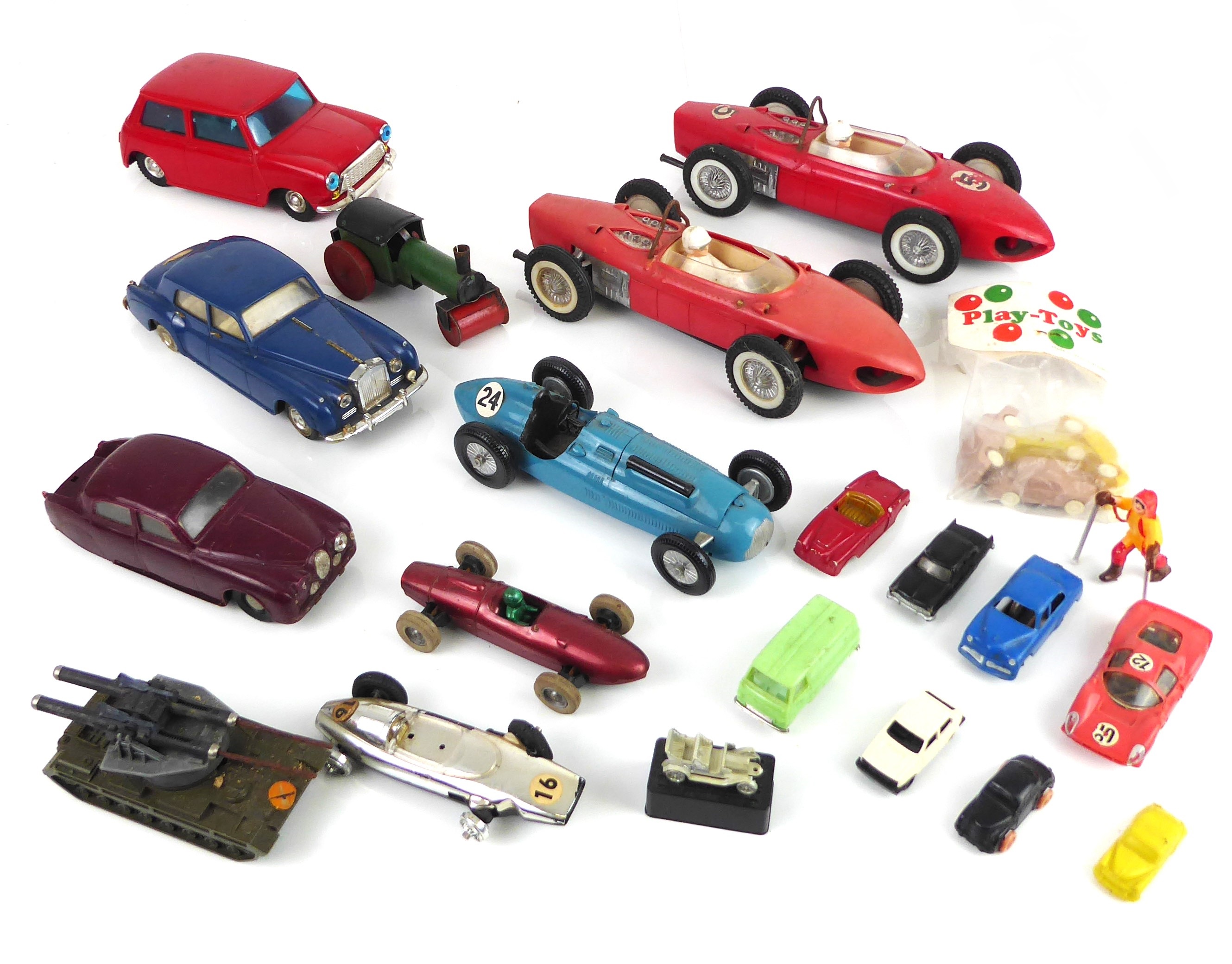 A collection of vintage 1950s-60s plastic model cars and vehicles - including a red Hong Kong