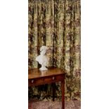 A pair of handmade, lined and interlined curtains, with matching lambrequin style, trimmed,