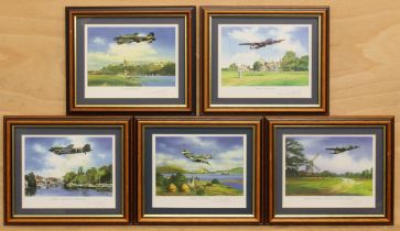 Five signed colour prints of WW2 aircraft by Timothy O'Brien - 16.25 x 20 cm., wooden frames;
