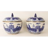 A pair of large Chinese blue and white porcelain covered bowls - modern, with apocryphal six-