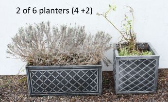 A set of four faux-lead cube planters (39.5 cm) and two others of rectangular section (LWH69 x 32