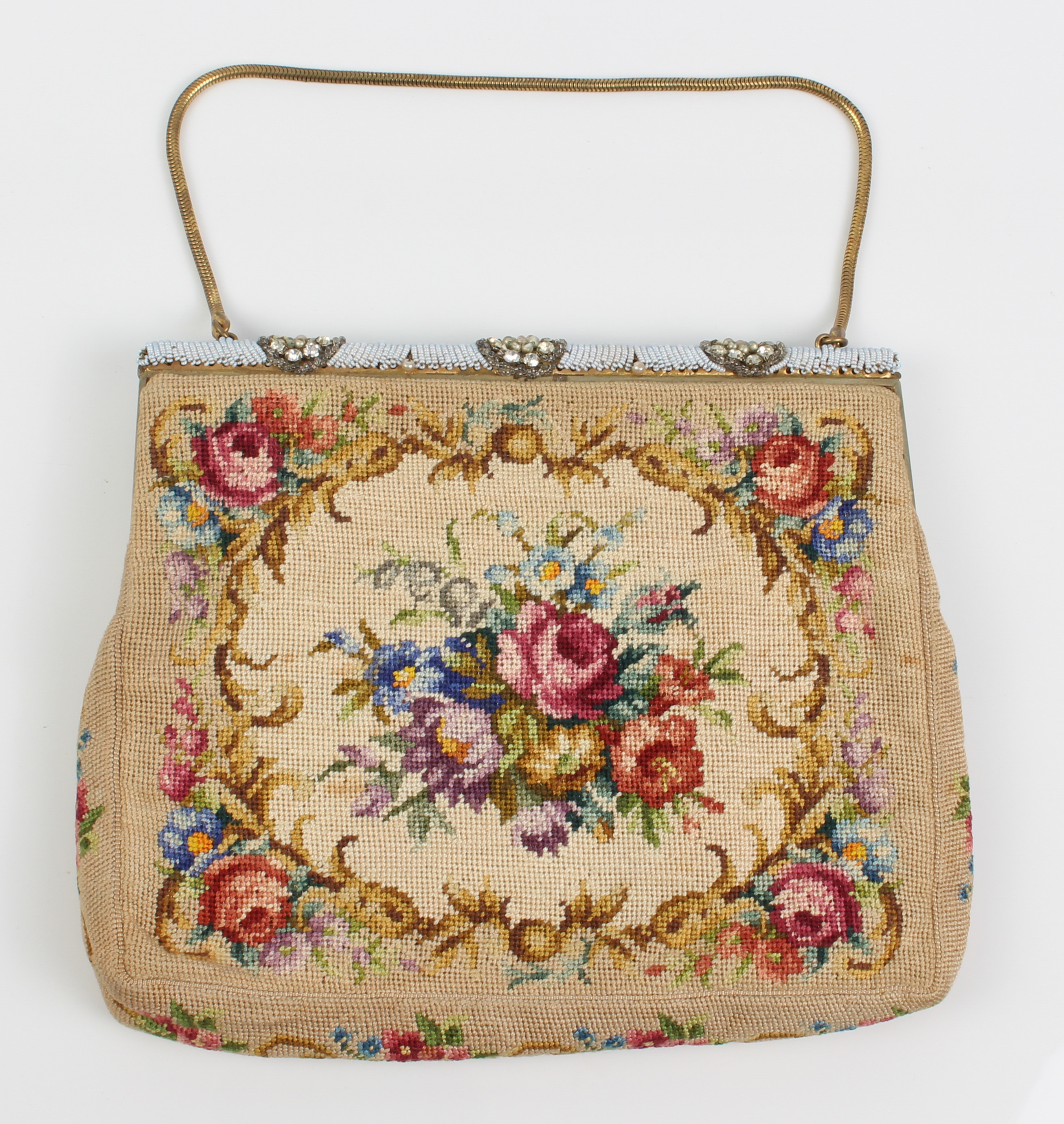 A vintage 1930s-50s gros point embroidered evening bag - containing a card by the original maker, '
