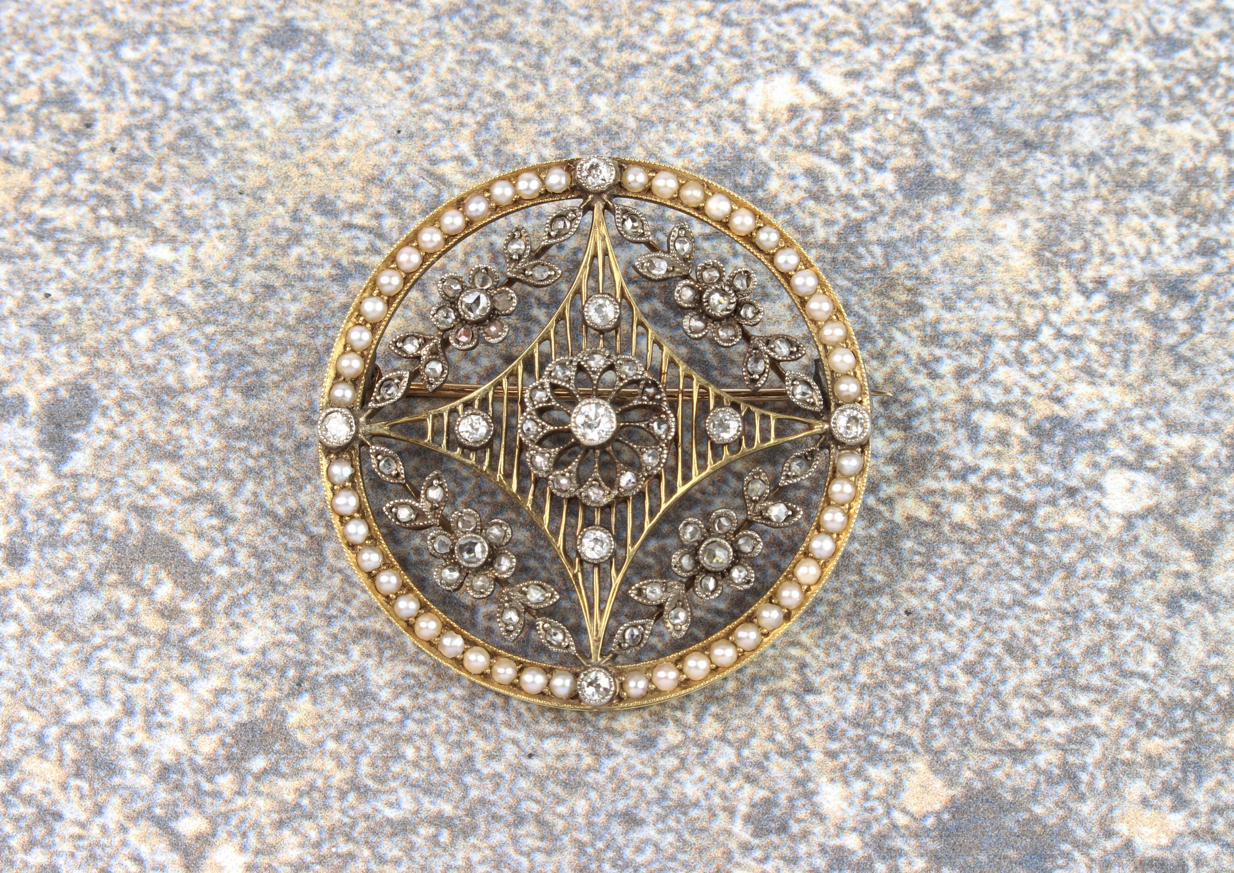A fine Edwardian Belle Epoque 18ct gold, silver, seed pearl and diamond target brooch - unmarked but - Image 2 of 4