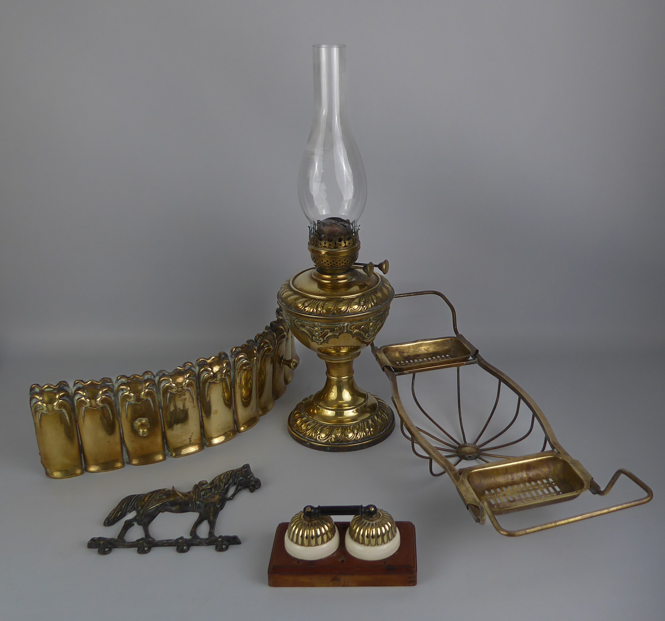 A small collection of brass ware - including an antique brass bath tub rack, 65 cm long, a/f; an