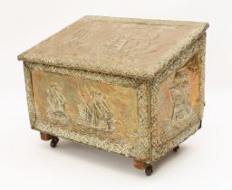 A 1920s brass mounted coal box - the pressed brass mounts repoussé decorated with galleons at sea,