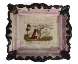 A 19th century Sunderland pink lustre wall plaque - monochrome printed and painted with the motto '