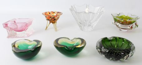 Seven pieces of retro 1960s-70s art glass - including a pair of green and yellow glass ashtrays; a