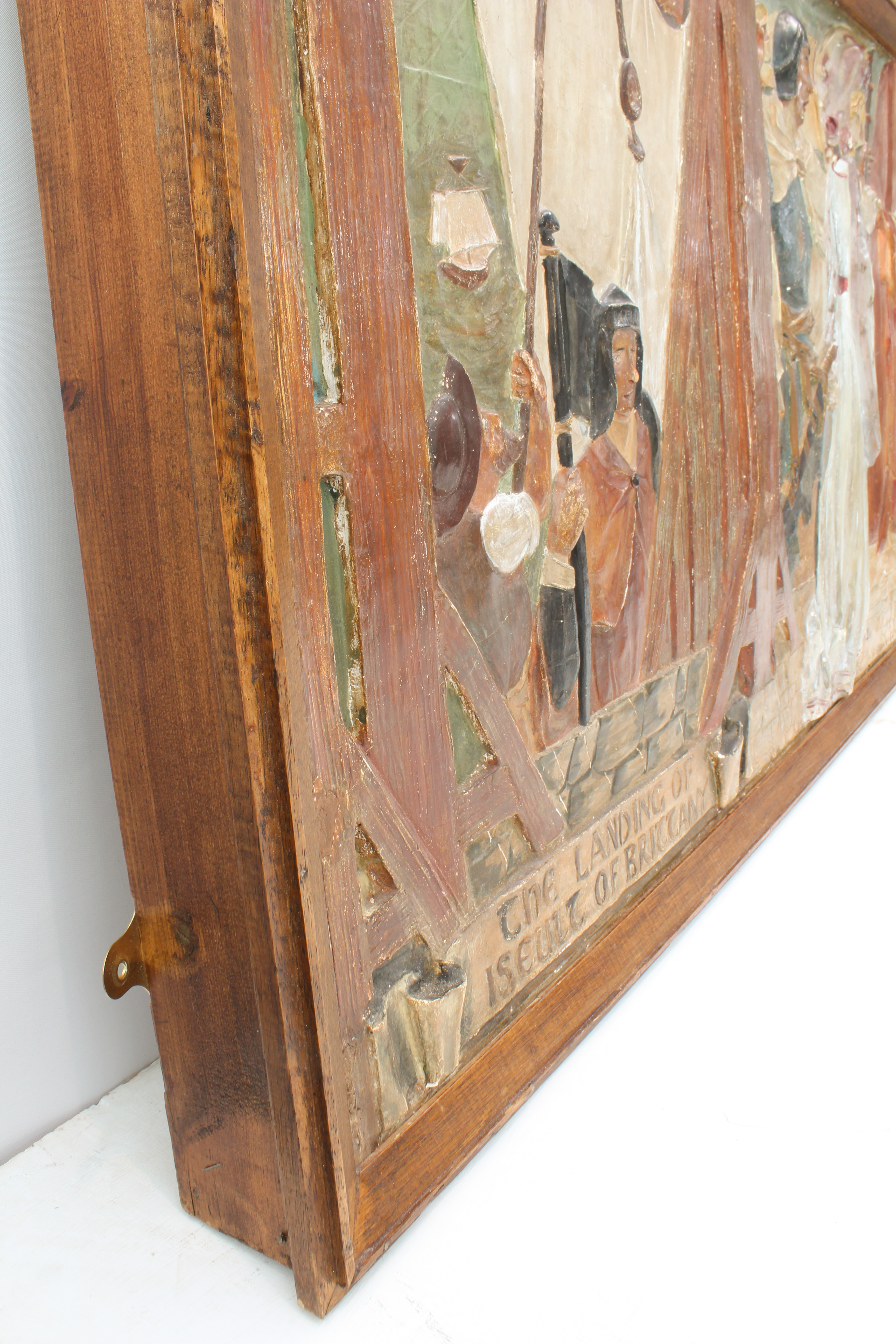 An Arts & Crafts style painted, relief moulded plaster panel depicting 'The Landing of Iseult of - Image 3 of 4