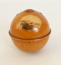 A Mauchline ware wool ball holder - 'Bournemouth from West Cliff', 9 cm diameter.