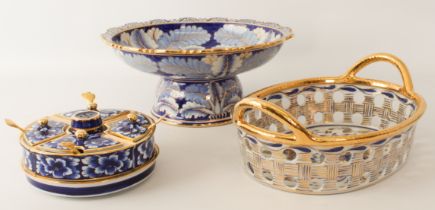 A large and decorative Oriental blue, white and gilt porcelain table centrepiece footed bowl - the
