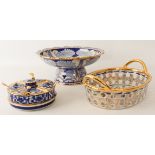 A large and decorative Oriental blue, white and gilt porcelain table centrepiece footed bowl - the