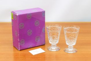 A boxed pair of William Yeoward Crystal red wine goblets or glasses - etched marks to base, 15.8