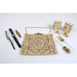 A vintage 1950s floral beadwork evening bag - with gilt brass and faux-mother of pearl frame, pale