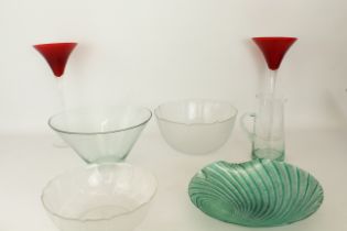 A small collection of decorative glass - including an aquamarine painted shell-shaped glass bowl,