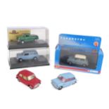 Five diecast Austin Mini models - comprising two 1960s Corgi Toys Minis - a red 225 Austin Seven