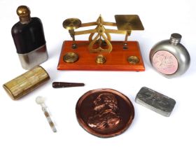A set of postal scales, pewter snuff box with hunting scene, copper Shakespeare paper weight and a
