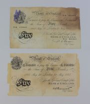 Two white five pound notes: London 29 May 1935 K.O. Peppiart and London 21 July 1950 P.S. Beale.