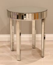 An Art Deco style circular mirrored table - modern, in bevelled mirrored glass, raised on tapered