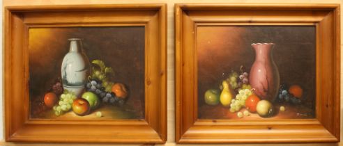 Daniel (late 20th century) A pair - Still life of fruit and a porcelain vase on a table oil on