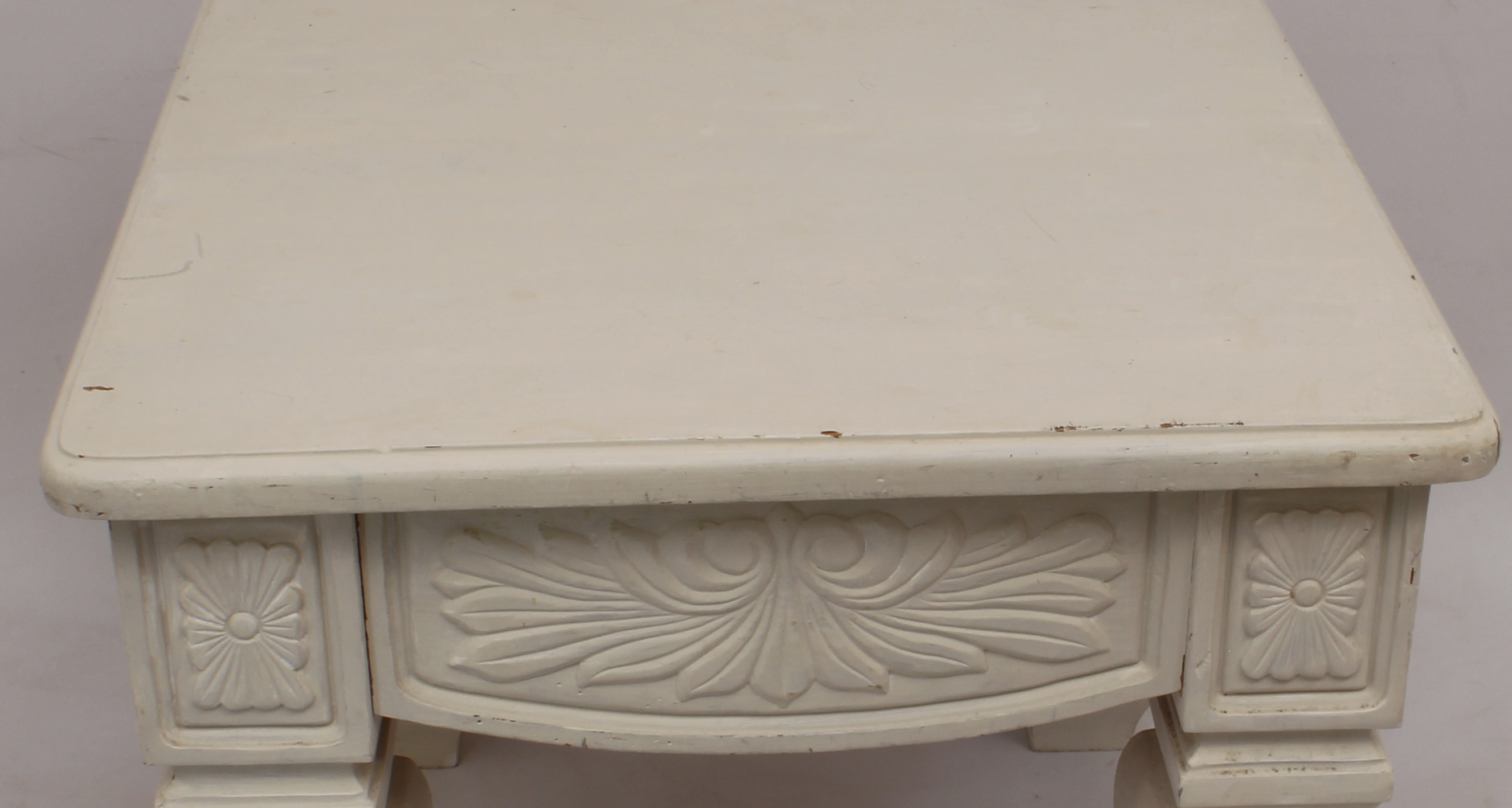 A white-painted rectangular coffee table - late 20th century, pine and oak, with a panelled frieze - Image 2 of 3