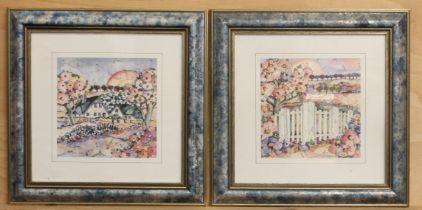 A set of four colour prints after Christine Bartels - depicting floral garden landscapes, signed and