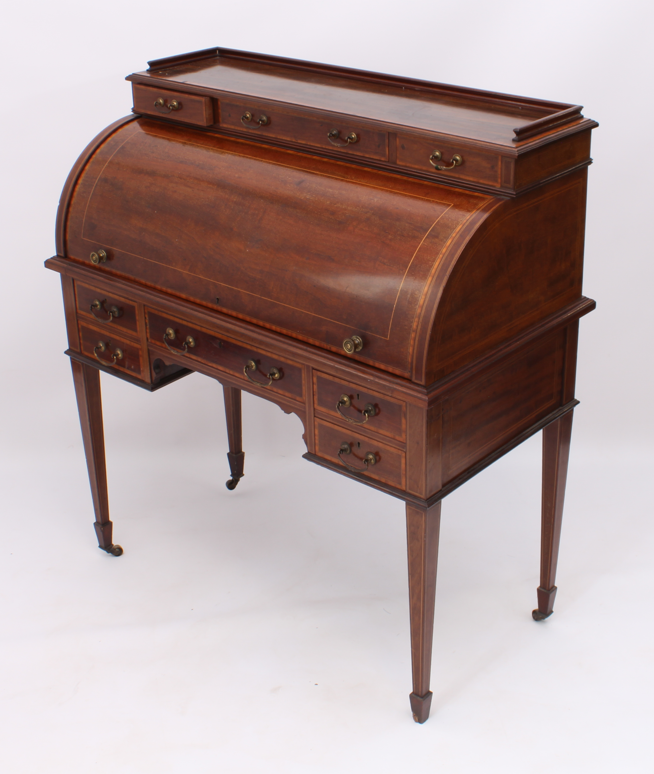 A good quality Edwardian satinwood-banded mahogany cylinder desk - the shallow top with three- - Image 2 of 3