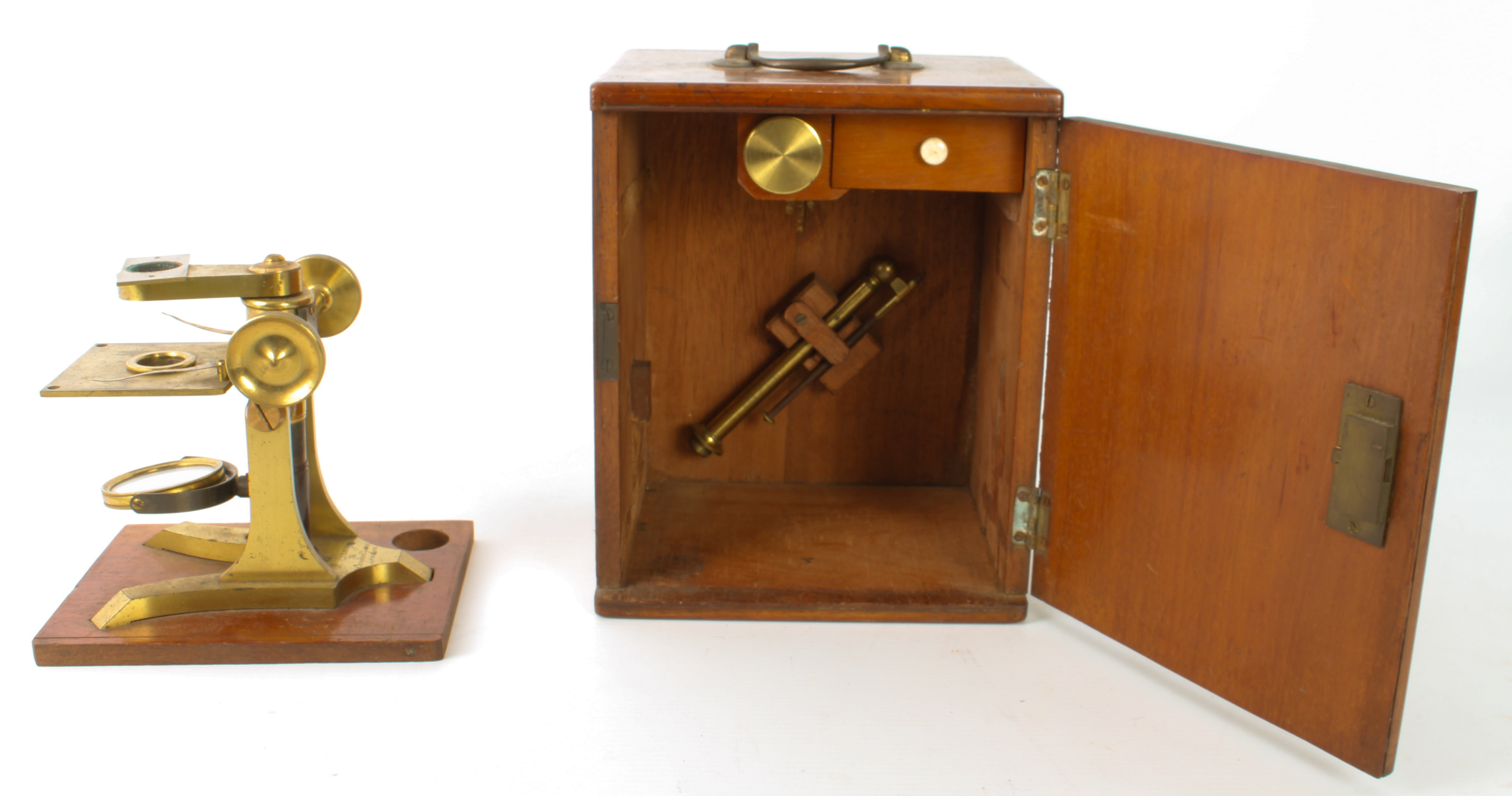 A Victorian lacquered brass microscope by W. Gray of London - lacks main tube, with rack and - Image 2 of 3