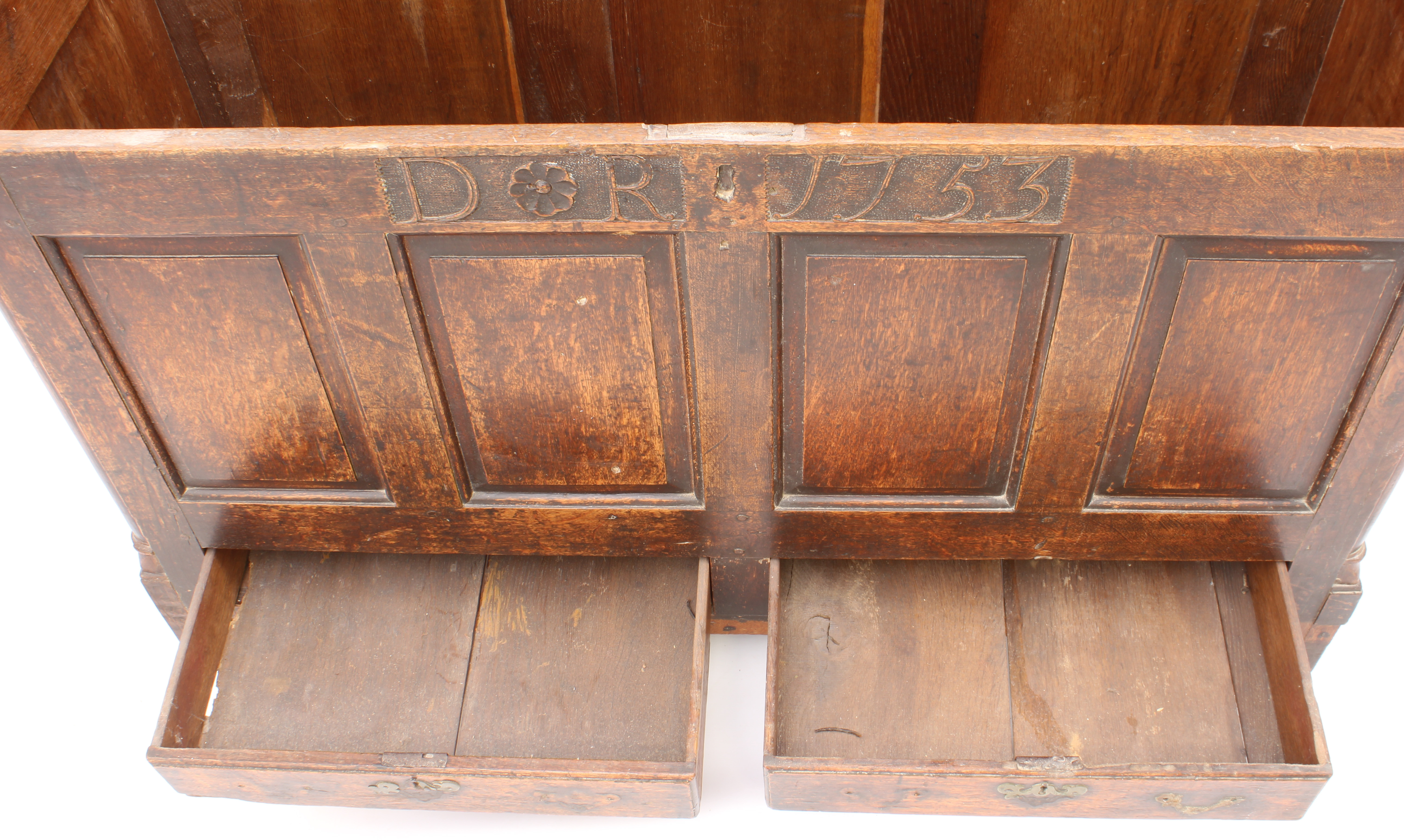 A George II oak mule chest - the boarded top with thumb-moulded front edge and iron strap-hinges, - Image 7 of 7