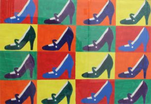 Manner of Andy Warhol (20th century) Multi-coloured shoes gouache 16½ x 24 in (42 x 61 cm); frame