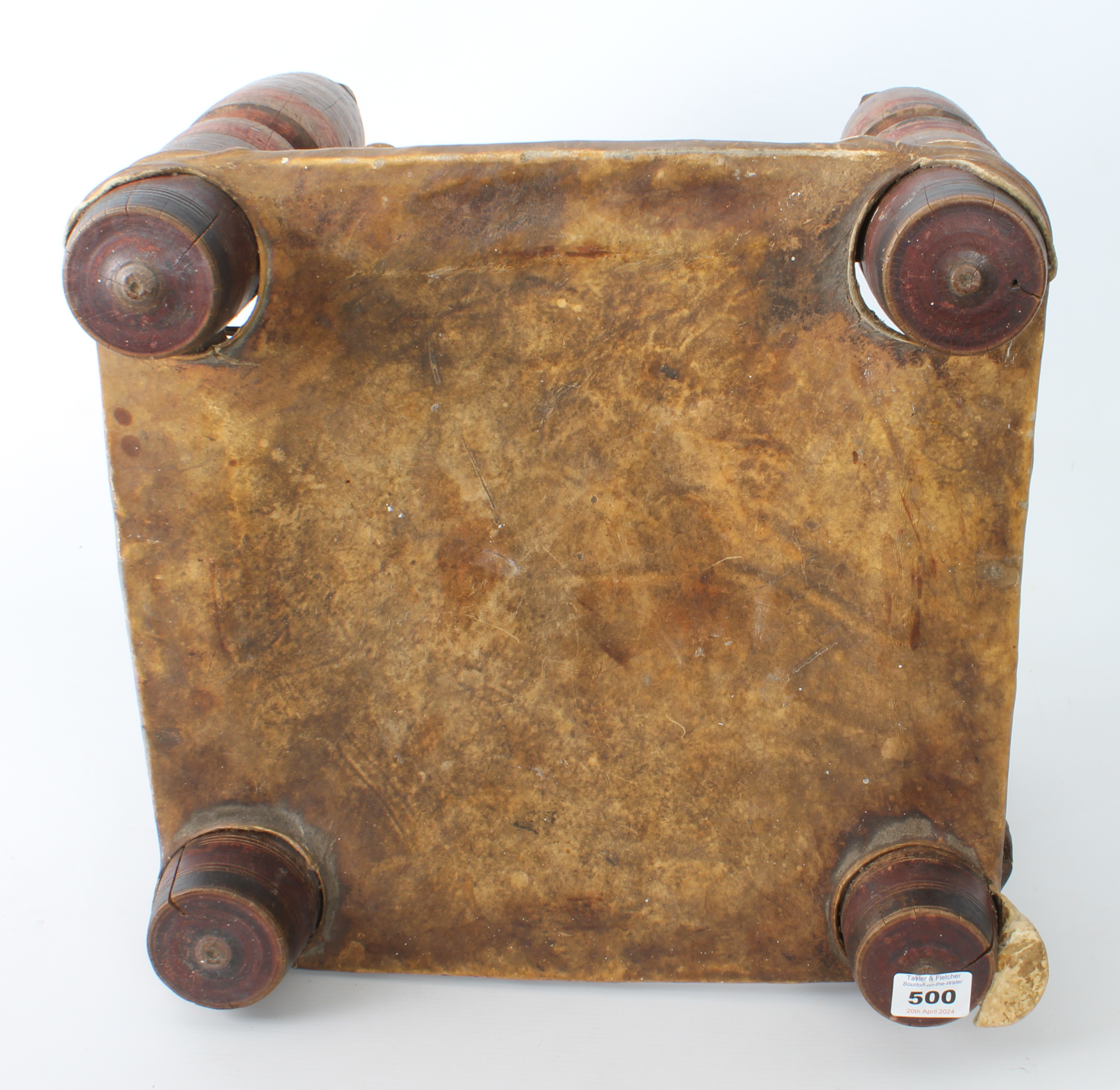 An Indian turned wooden and vellum stool - early to mid-20th century, square, the vellum seat - Image 4 of 4