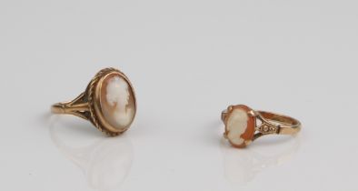 Two 9ct gold and shell cameo rings - both British hallmarked, with cameo portrait busts of ladies (