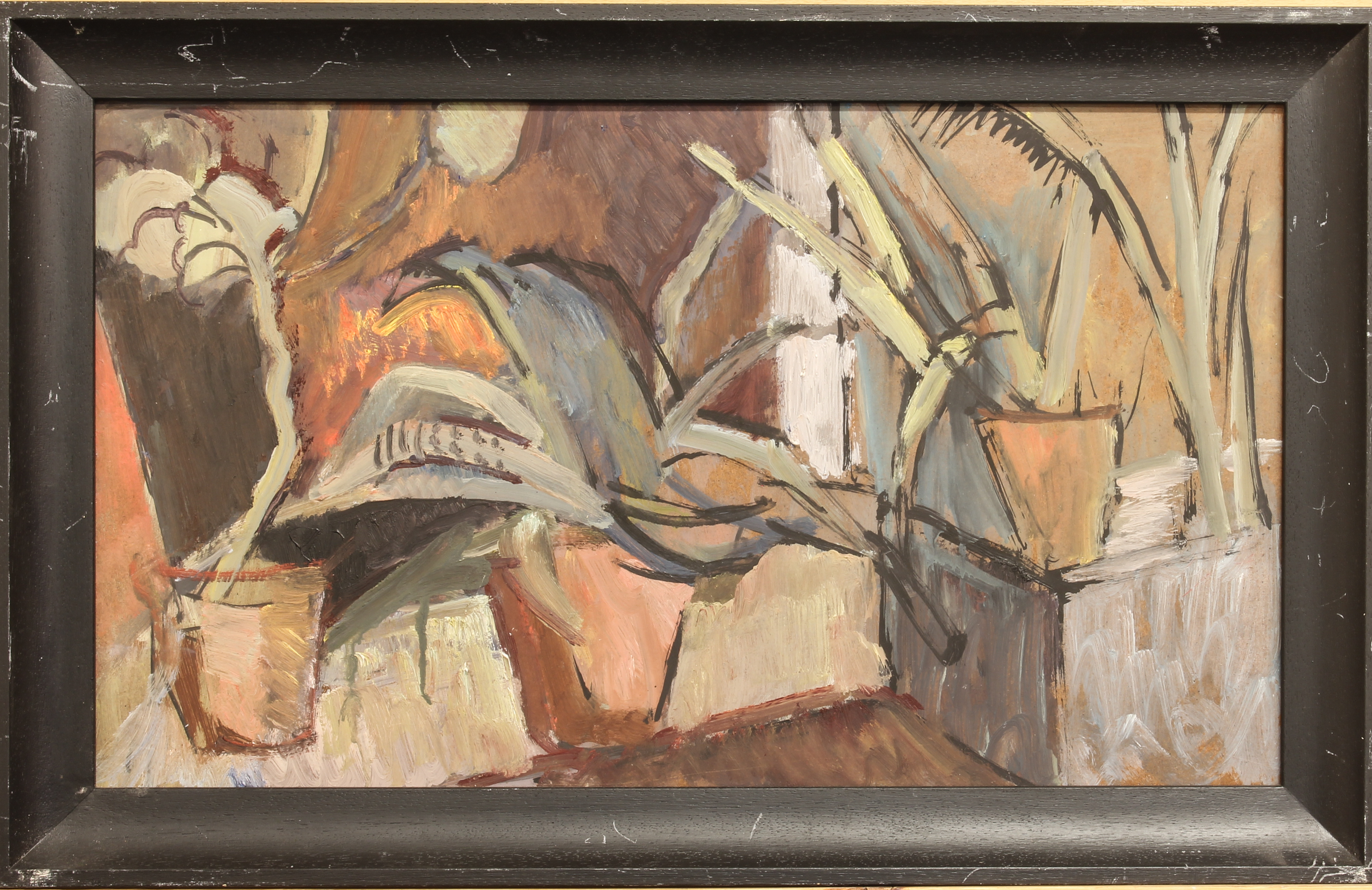 20th century School Abstract view of an interior with plants oil on board, unsigned, black painted - Image 2 of 3