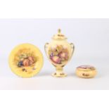 Three pieces of Aynsley bone china decorated with fruit and signed 'D. Jones': 1. a two-handled vase