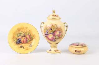 Three pieces of Aynsley bone china decorated with fruit and signed 'D. Jones': 1. a two-handled vase