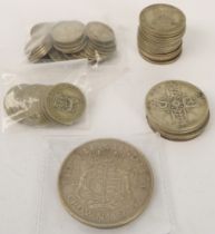 Fifty-five 1920-1946 GB .500 silver coins: a 1937 crown, 4 x 24d, 13 x 12d, 10 x 6d and 27 x 3d  (