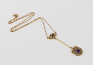 A mid-century 9ct yellow gold and amethyst knife blade pendant necklace - 50mm drop, on an