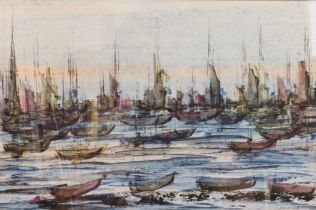 Riexel / Rievel (mid-20th century) Busy harbour scene watercolour, signed and dated (19)70 lower