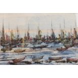 Riexel / Rievel (mid-20th century) Busy harbour scene watercolour, signed and dated (19)70 lower