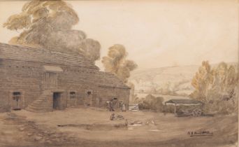 A. J. Armstrong (British, 19th century) Figures and ducks in a farmyard sepia watercolour, signed