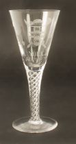 A commemorative airtwist wine glass by Stuart Crystal - the conical bowl wheel engraved 'York A.D.71