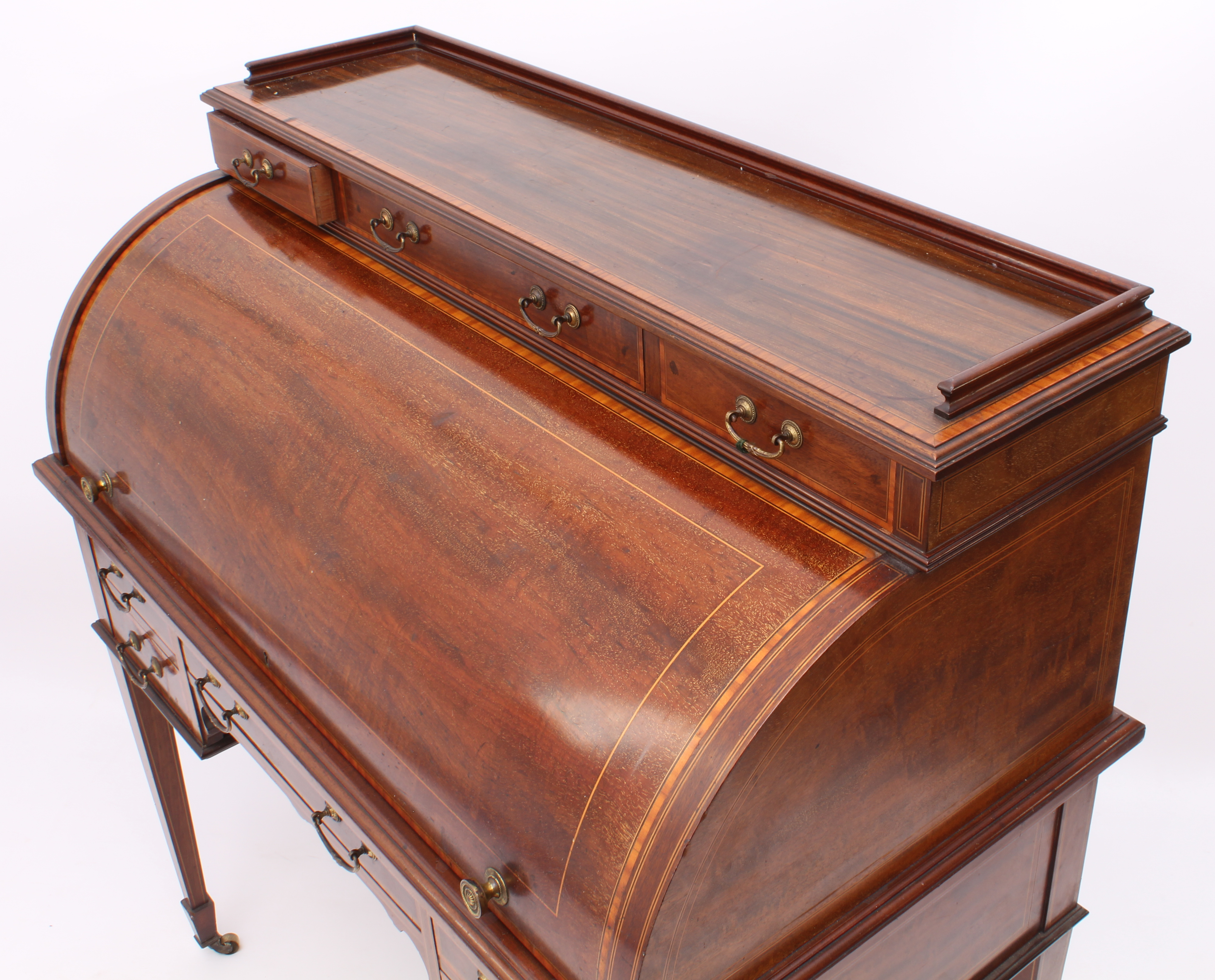 A good quality Edwardian satinwood-banded mahogany cylinder desk - the shallow top with three- - Image 3 of 3